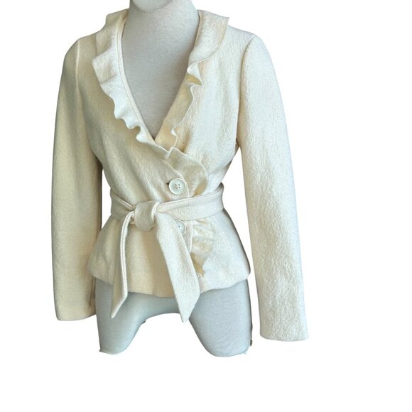 Classiques Entier Ivory Cream Merino Wool Ruffle Jacket Self Belt Size Small - Picture 1 of 10